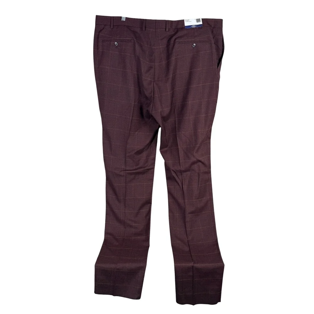 Hart Schaffner Marx Dress Pant New York Fit Mens 44 Unhemmed Burgundy Plaid Wool